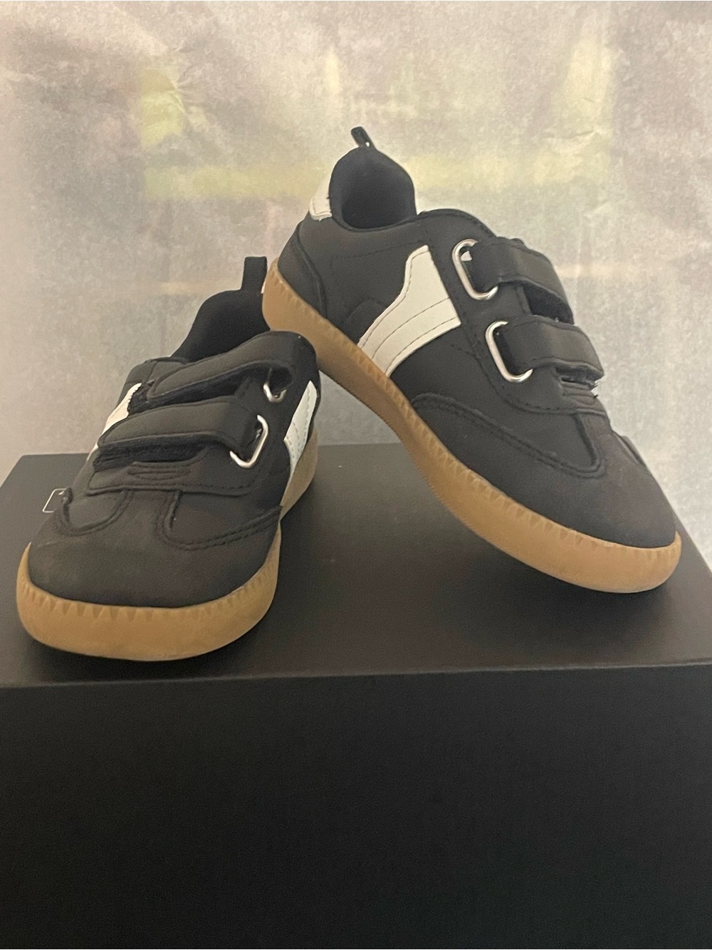 Kids Black and White Velcro Sneakers with Gum Sole